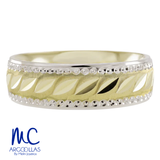 Argolla de matrimonio de oro combinado 10k y 14k · 6 mm · estilo recto · acabado labrado · modelo F120376