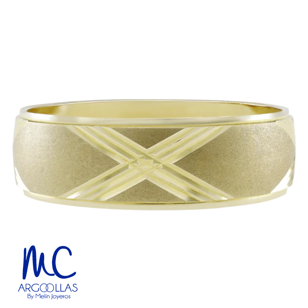 Argolla de matrimonio de oro amarillo 10k y 14k · 6 mm · estilo concavo · acabado labrado