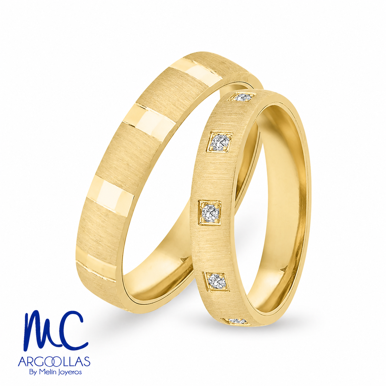 Set de argollas de matrimonio de oro amarillo 10k y 14k · con zirconia · modelo ARG-202 ARG-203