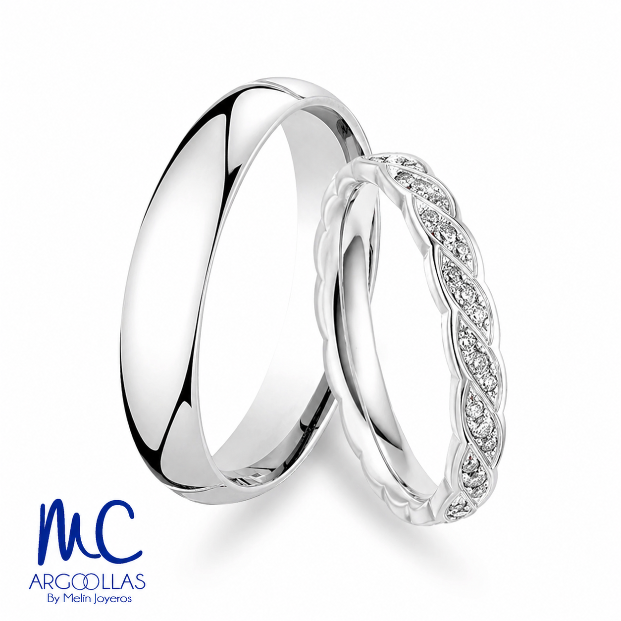 Set de argollas de matrimonio de oro blanco 10k y 14k · con zirconia · modelo ARG-257B ARG-234B