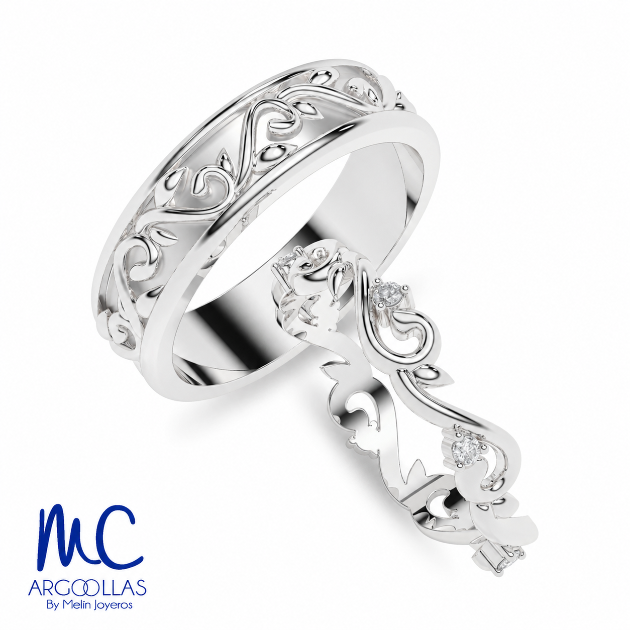 Set de argollas de matrimonio de oro blanco 10k y 14k · con zirconia · modelo ARG-232B ARG-231B