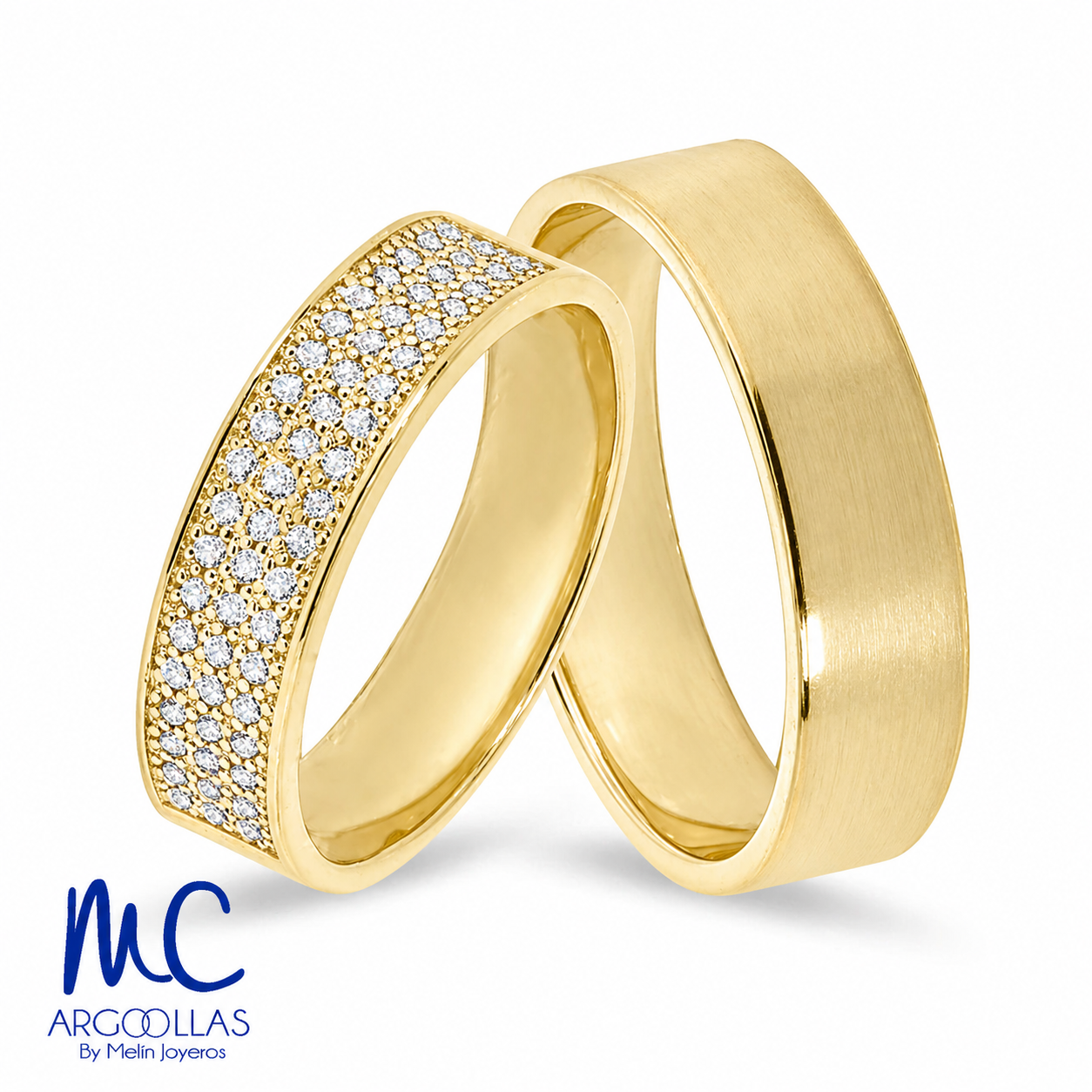 Set de argollas de matrimonio de oro amarillo 10k y 14k · con zirconia · modelo ARG-027 ARG-058