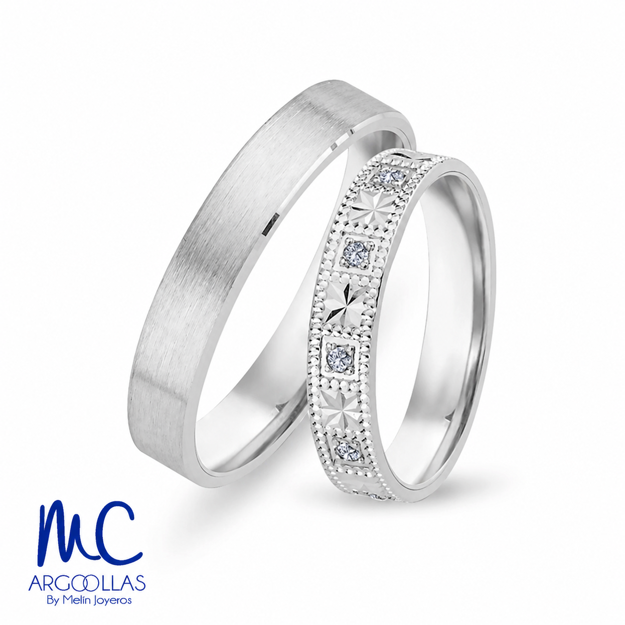 Set de argollas de matrimonio de oro blanco 10k y 14k · con zirconia · modelo ARG-216B ARG-217B