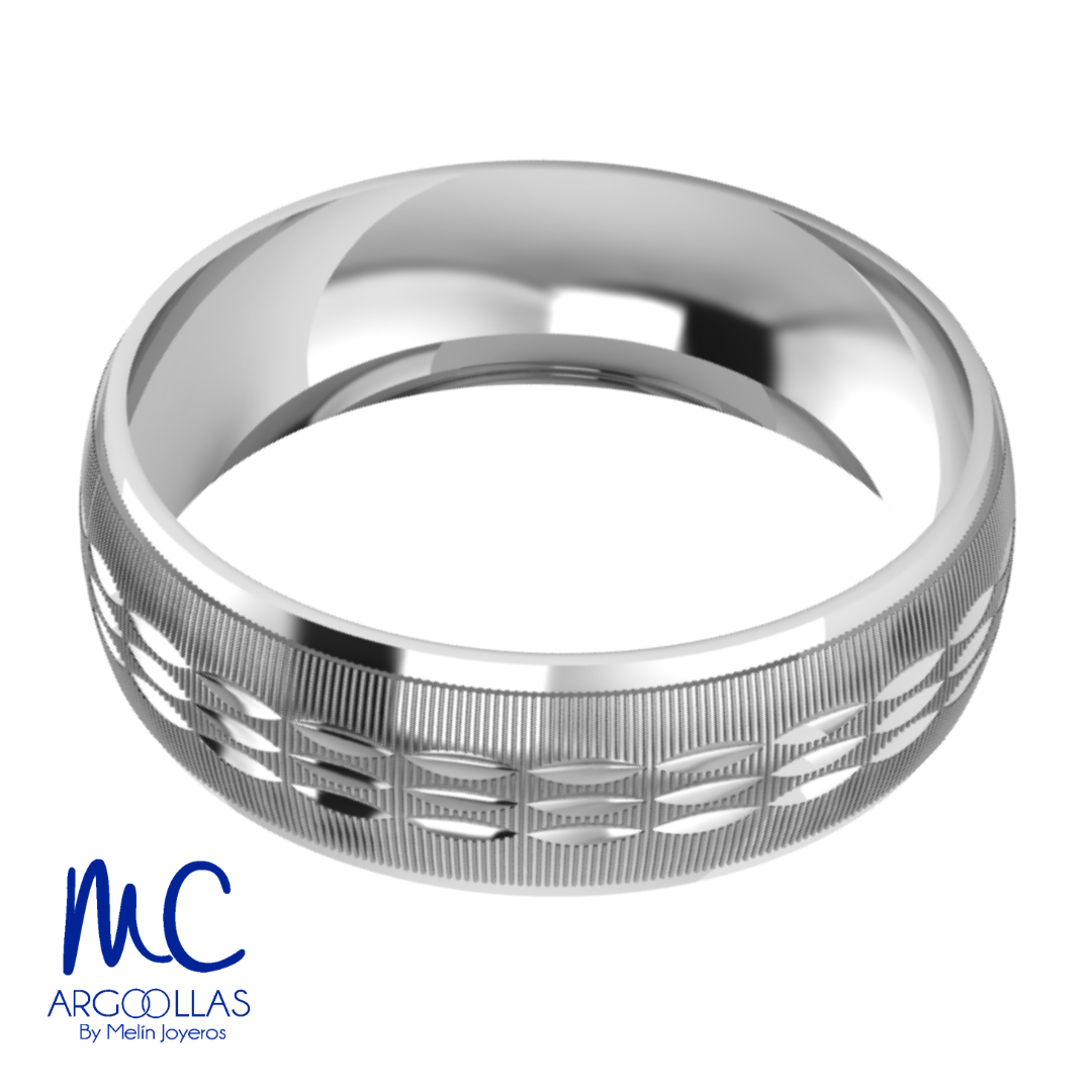 Argolla de matrimonio de oro blanco 10k · 6 mm · estilo concavo · acabado labrado