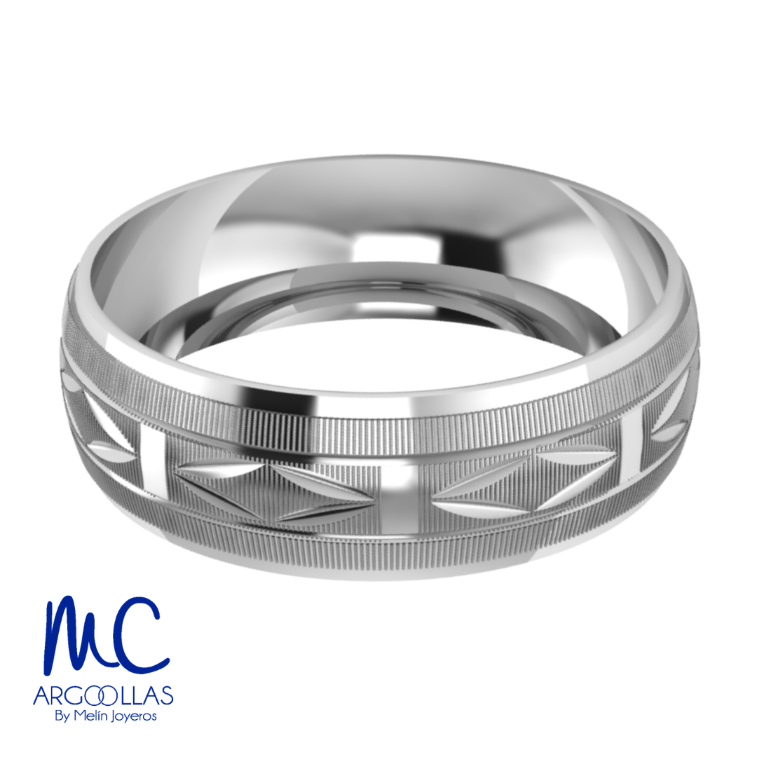 Argolla de matrimonio de oro blanco 10k · 6 mm · estilo concavo · acabado labrado · modelo AU002