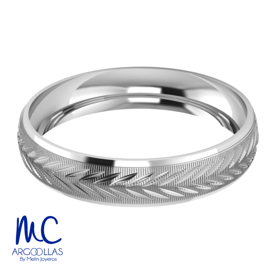 Argolla de matrimonio de oro blanco 10k · 4 mm · estilo concavo · acabado labrado · modelo AU125-B