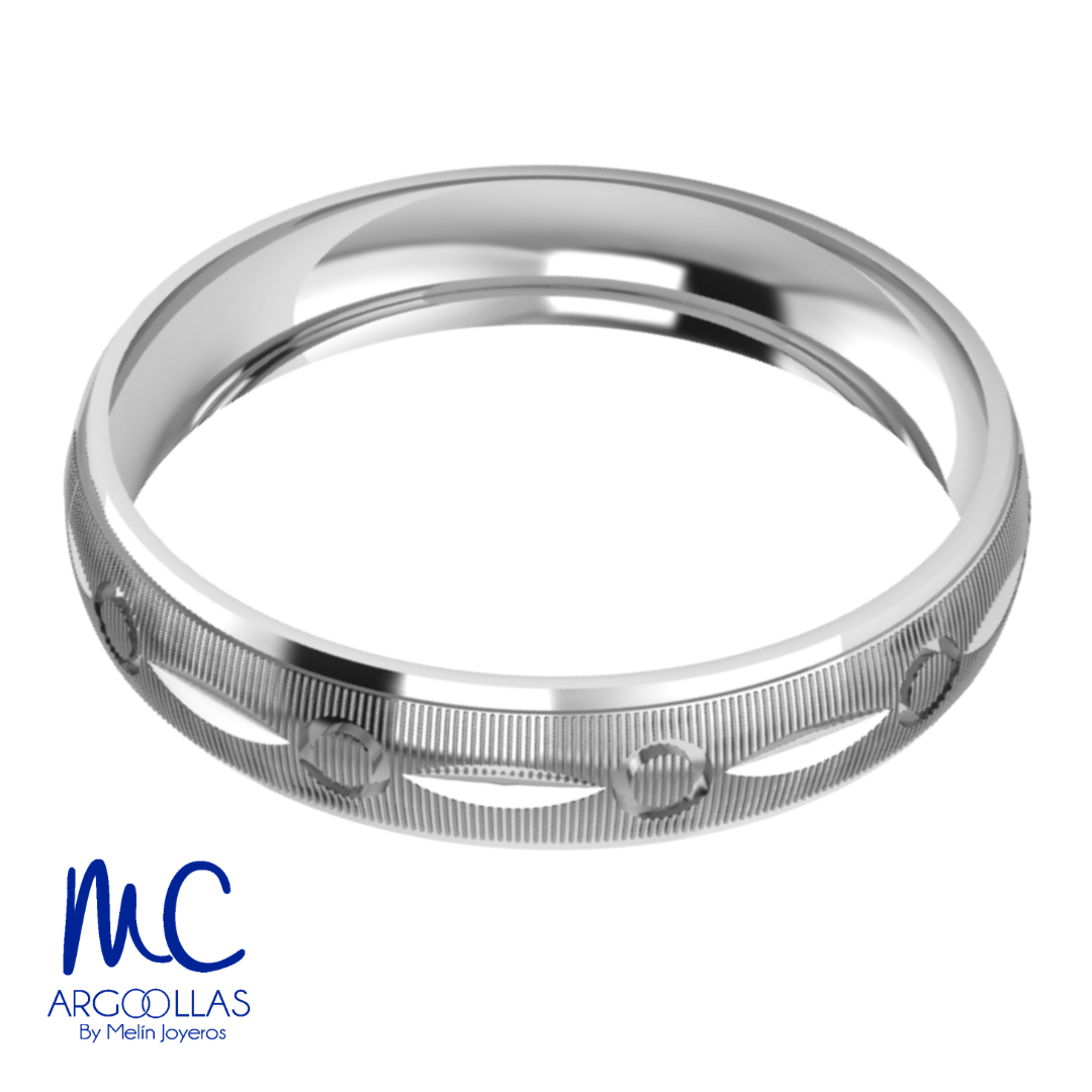 Argolla de matrimonio de oro blanco 10k · 4 mm · estilo concavo · acabado labrado · modelo AU167-B