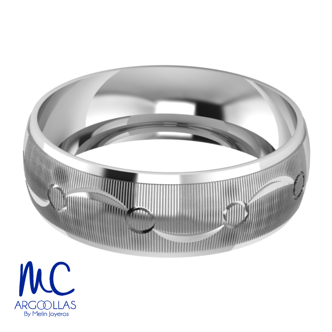 Argolla de matrimonio de oro blanco 10k · 6 mm · estilo concavo · acabado labrado · modelo AU208-B