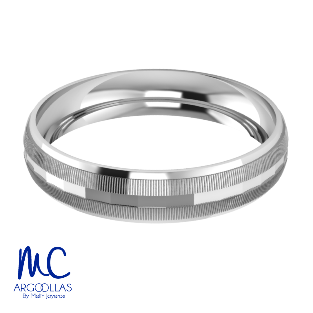 Argolla de matrimonio de oro blanco 10k · 4 mm · estilo concavo · acabado labrado · modelo AU216-B
