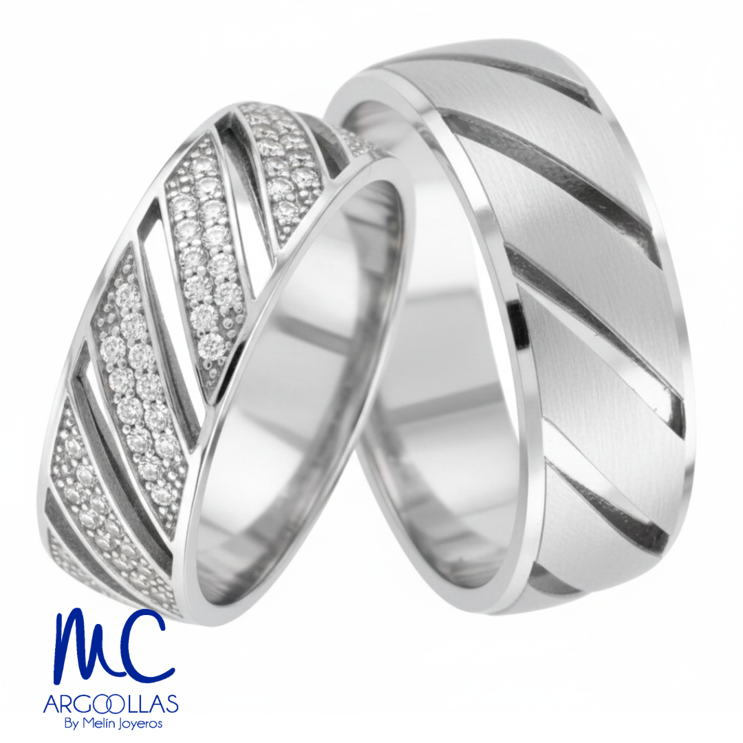Set de argollas de matrimonio de oro blanco 10k y 14k · con zirconia · modelo F110347B F110127B