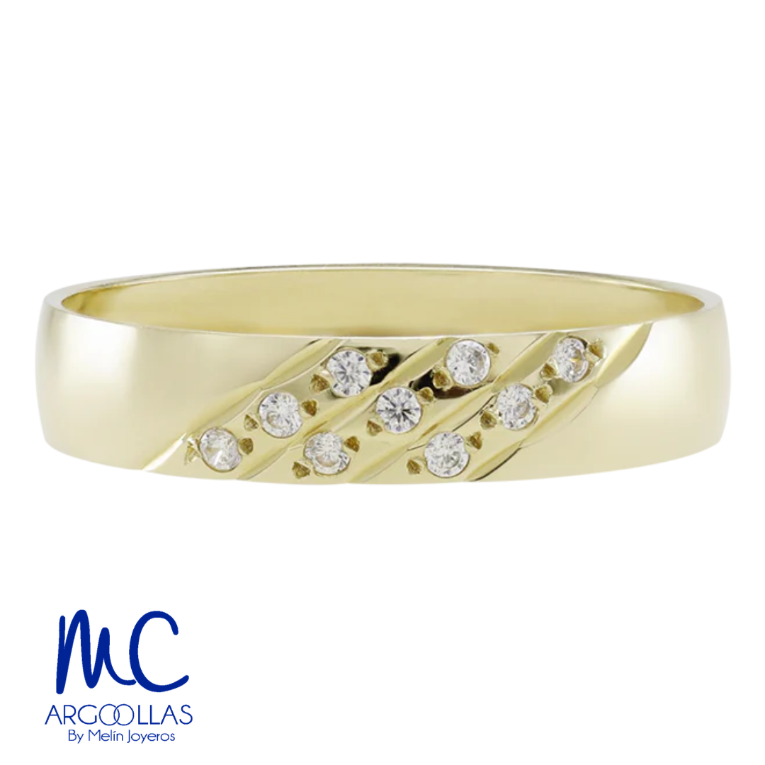 Argolla de matrimonio de oro amarillo 14k · 4 mm · estilo confort · acabado lustre con piedras