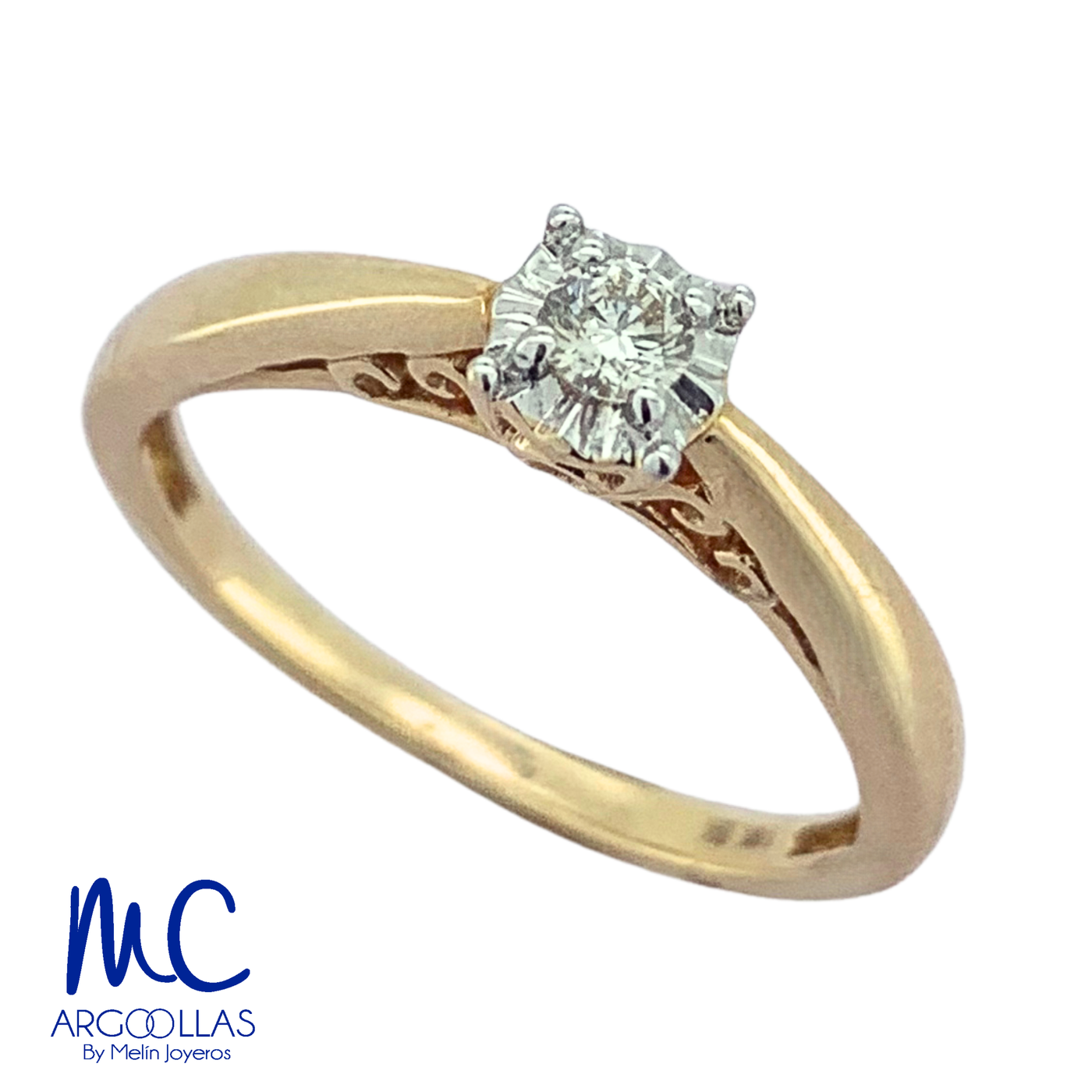 Anillo de compromiso de diamante natural 0.08 ct · corte redondo brillante · color G-J · claridad SI1-I2 · oro amarillo 14k