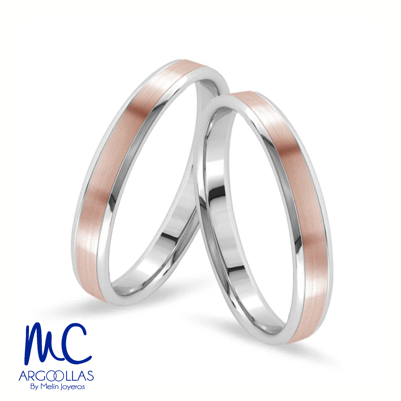 Set de argollas de matrimonio de oro combinado 10k y 14k · con mate · modelo ARG-OB4M