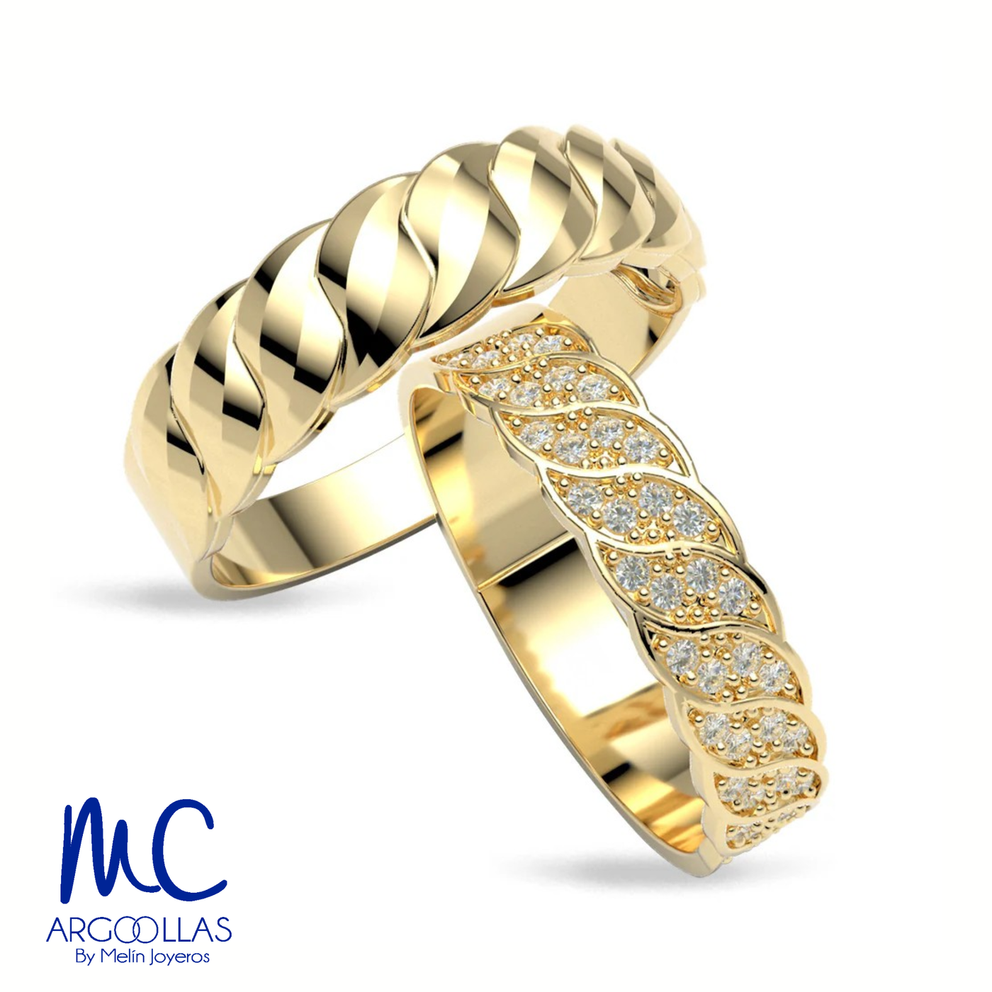 Set de argollas de matrimonio de oro amarillo 10k y 14k · con zirconia · modelo ARG-105 ARG-106