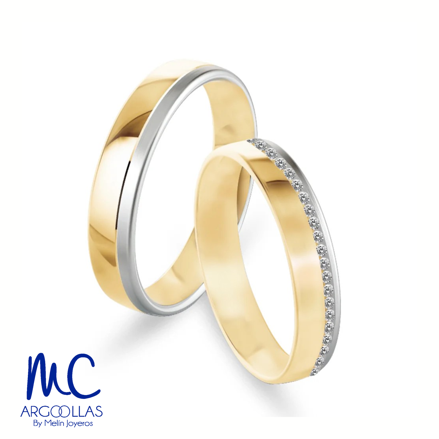 Set de argollas de matrimonio de oro combinado 10k y 14k · con zirconia · modelo ARG-175 ARG-174