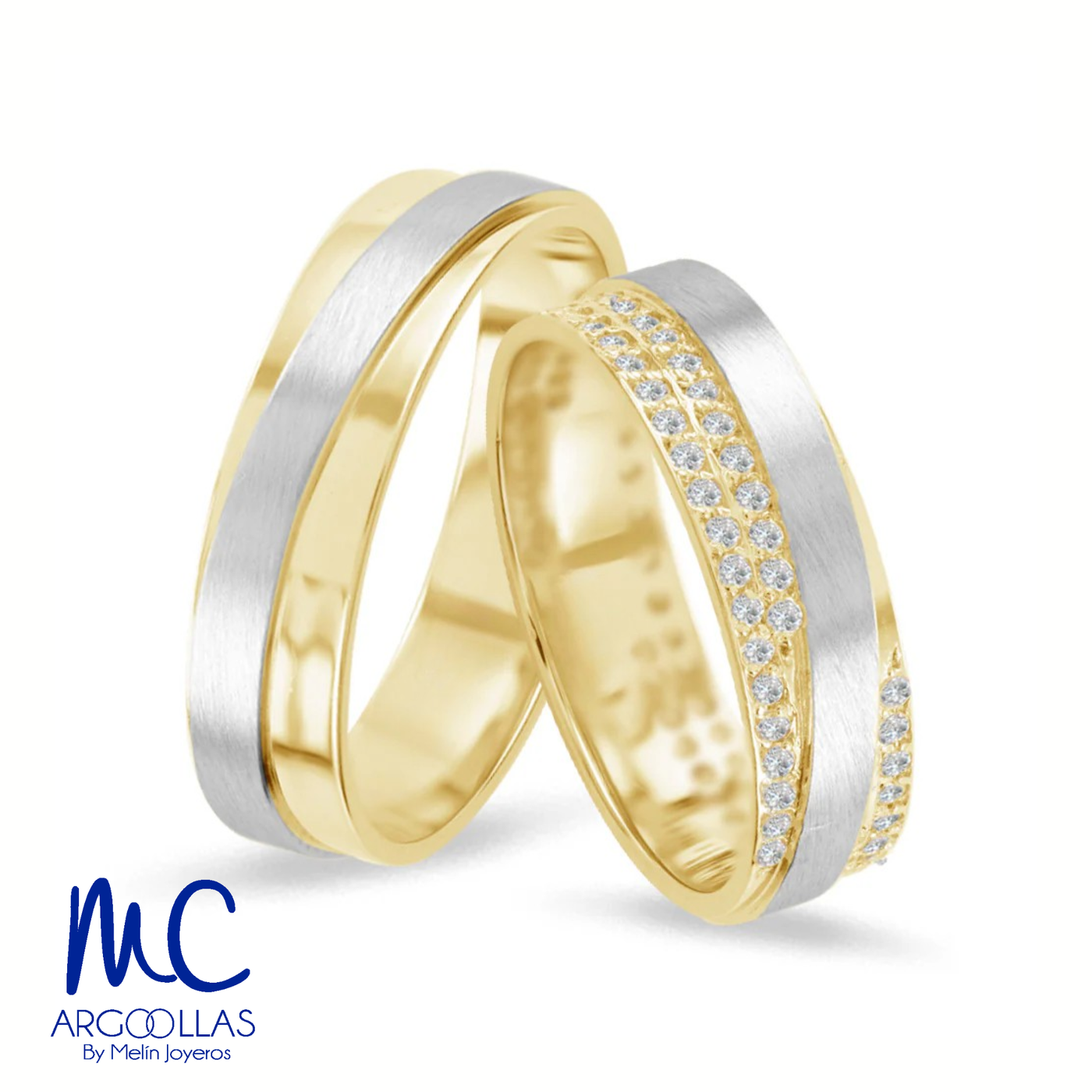 Set de argollas de matrimonio de oro combinado 10k y 14k · con zirconia · modelo ARG-040 ARG-041