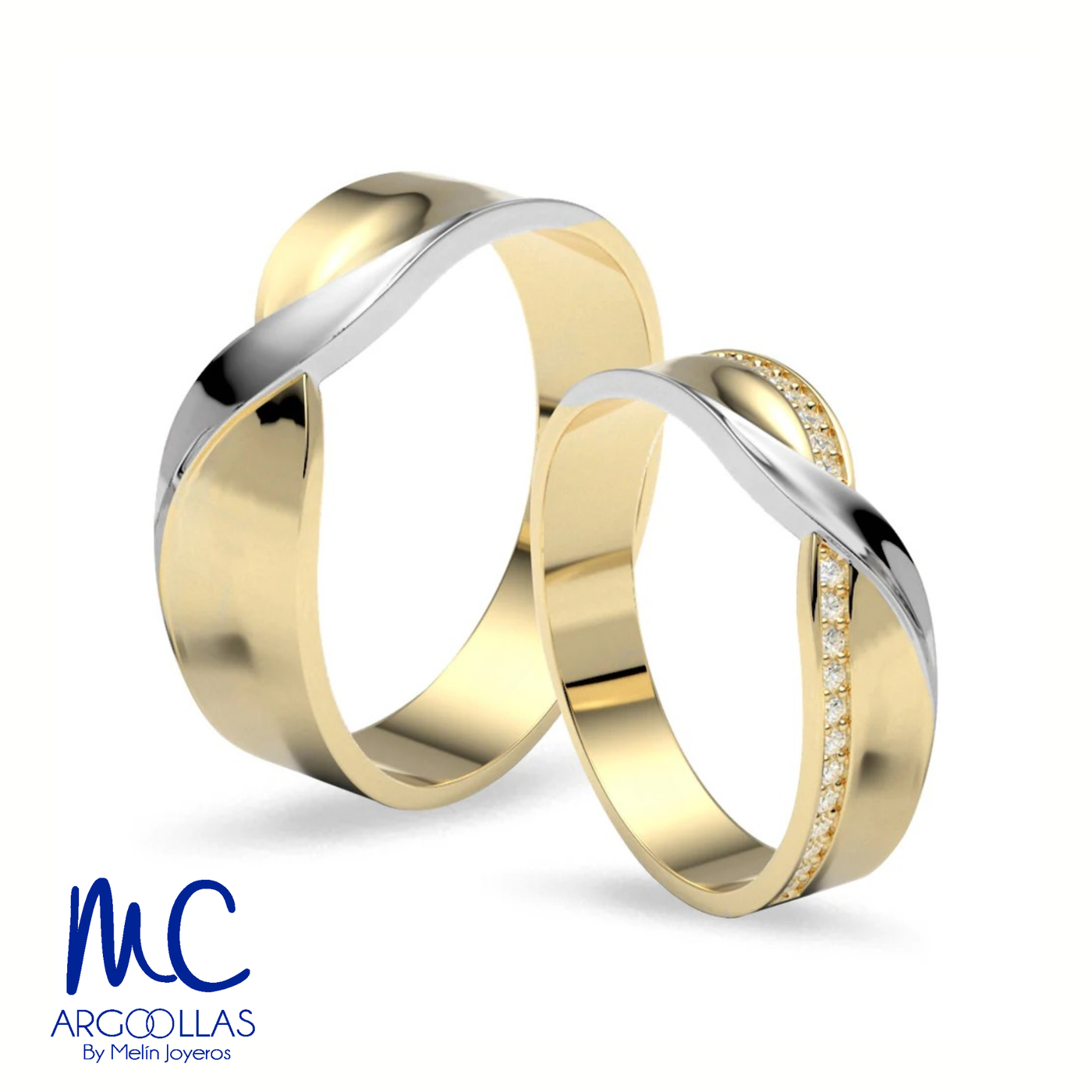 Set de argollas de matrimonio de oro combinado 10k y 14k · con zirconia · modelo ARG-065 ARG-066