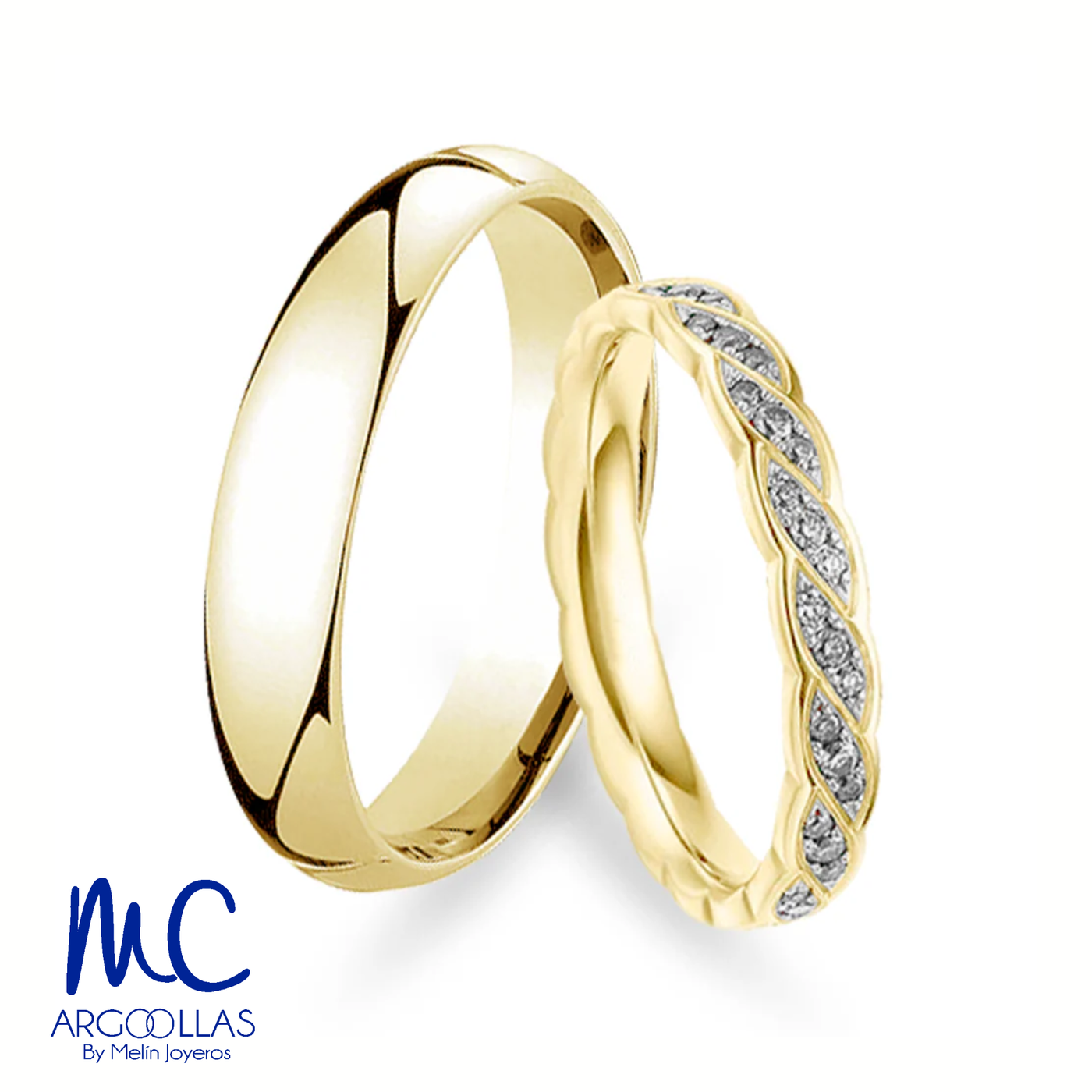 Set de argollas de matrimonio de oro amarillo 10k y 14k · con zirconia · modelo ARG-257 ARG-234