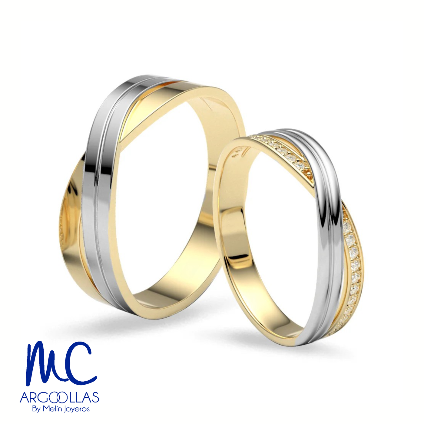 Set de argollas de matrimonio de oro combinado 10k y 14k · con zirconia · modelo ARG-077 ARG-078