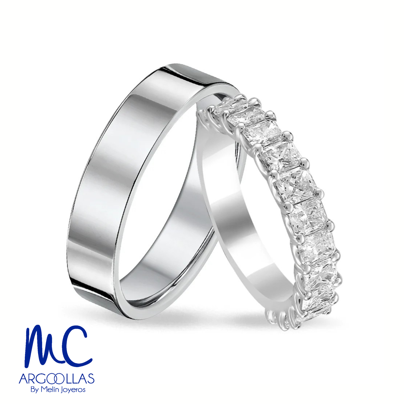 Set de argollas de matrimonio de oro blanco 10k y 14k · con zirconia · modelo ARG-056B ARG-2436B