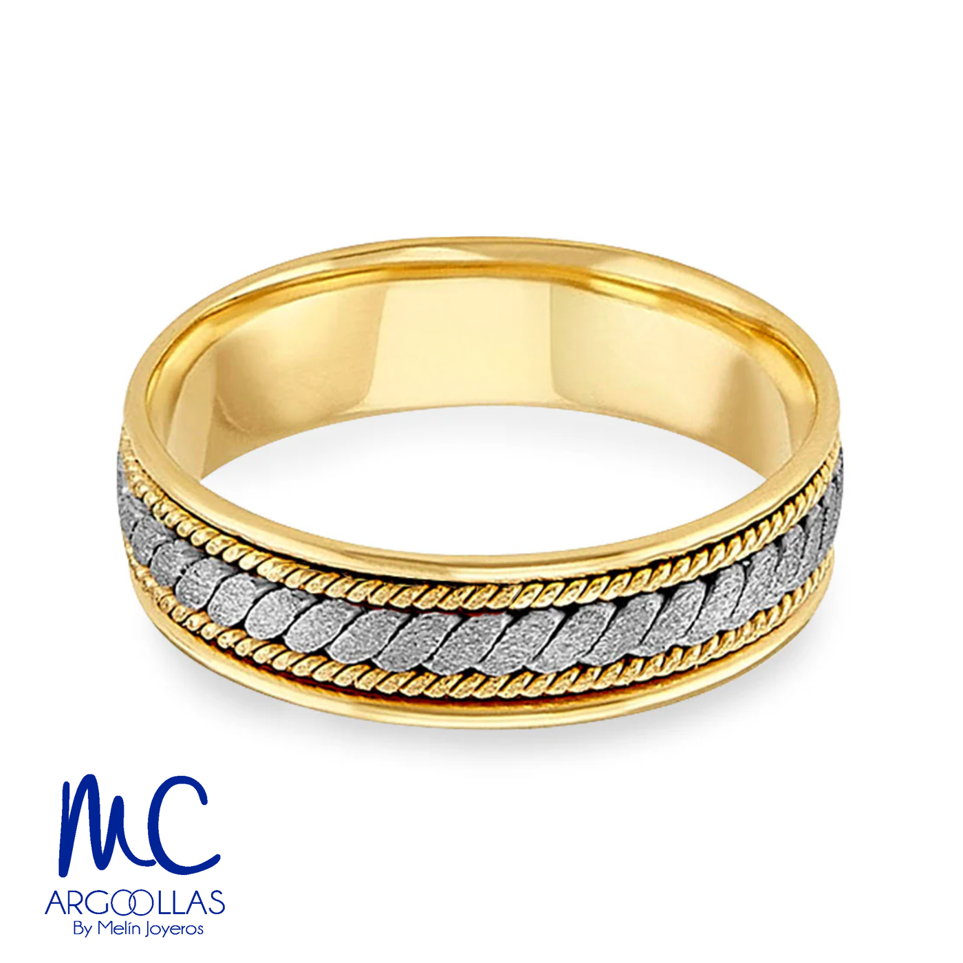 Argolla de matrimonio de oro combinado 10k y 14k · 6 mm · estilo recto · acabado labrado · modelo AGJ302N
