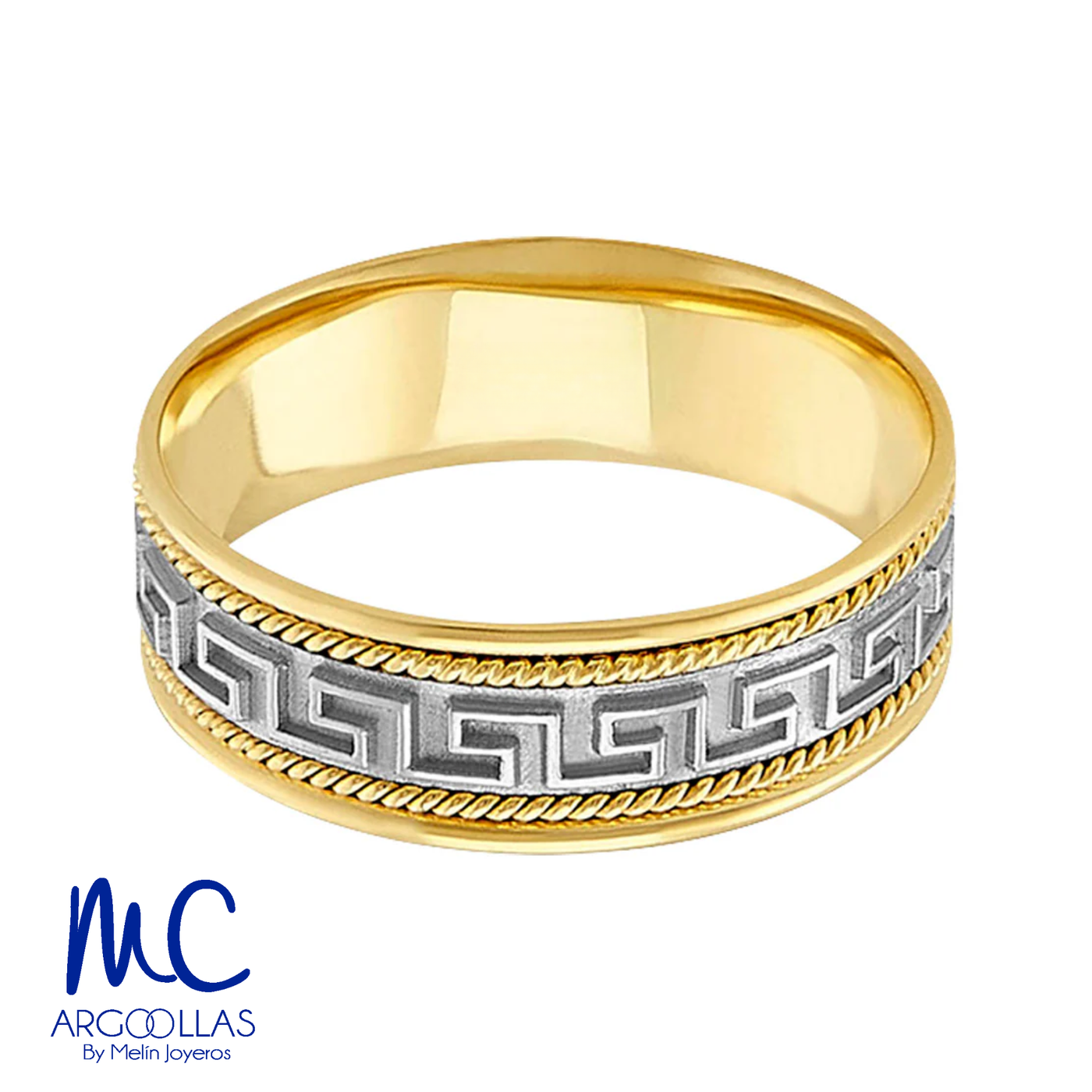 Argolla de matrimonio de oro combinado 10k y 14k · 6 mm · estilo recto · acabado labrado · modelo AGJ306N