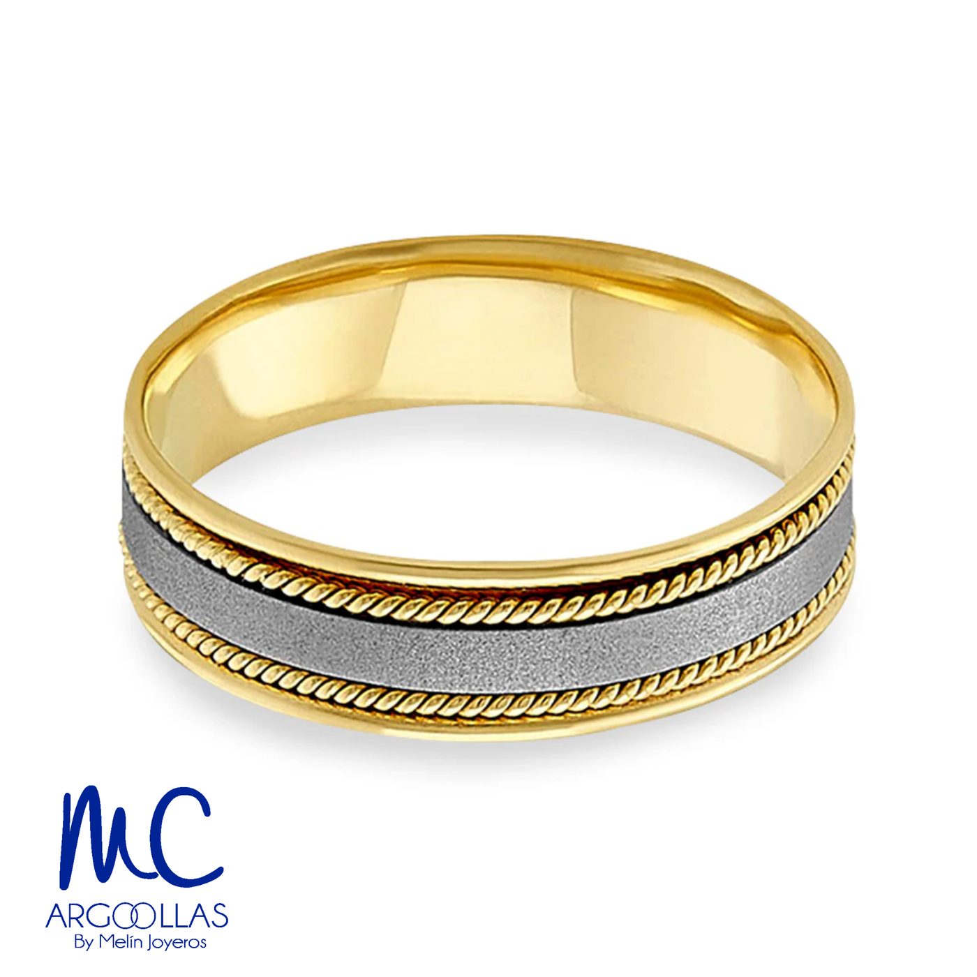 Argolla de matrimonio de oro combinado 10k y 14k · 6 mm · estilo recto · acabado labrado · modelo AGJ398N