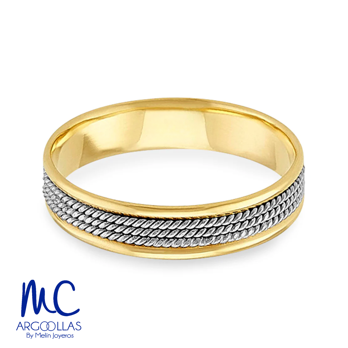 Argolla de matrimonio de oro combinado 10k y 14k · 4 mm · estilo recto · acabado labrado · modelo AGJ360N