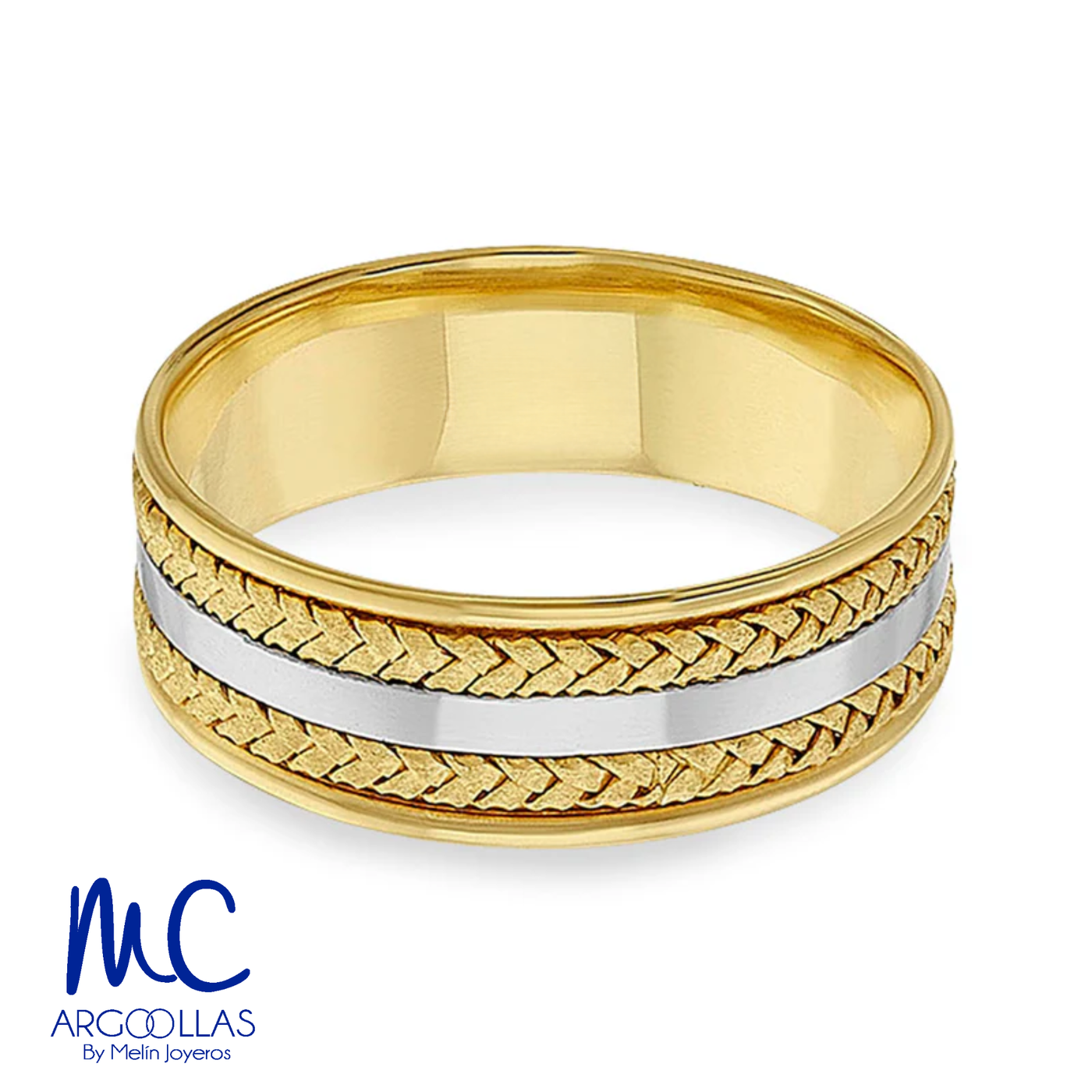 Argolla de matrimonio de oro combinado 10k y 14k · 7 mm · estilo recto · acabado labrado · modelo AGJ402N