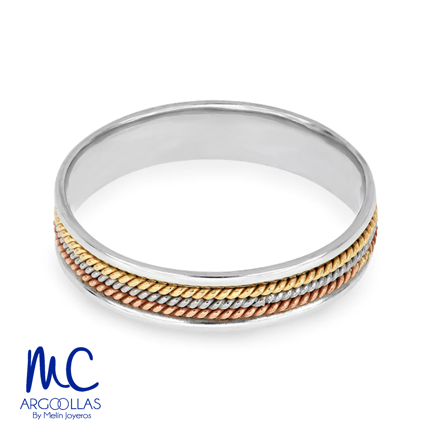Argolla de matrimonio de oro combinado 10k y 14k · 4 mm · estilo recto · acabado labrado · modelo AGJ361N