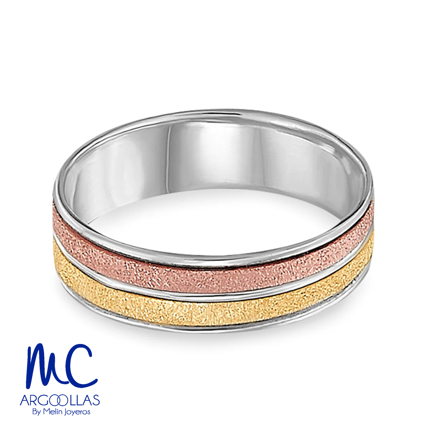Argolla de matrimonio de oro combinado 10k y 14k · 6 mm · estilo recto · acabado labrada