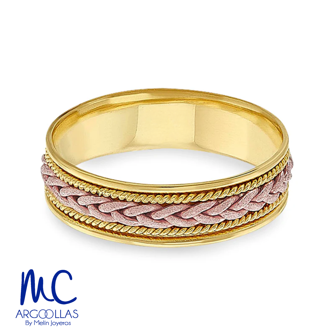 Argolla de matrimonio de oro combinado 10k y 14k · 6 mm · estilo recto · acabado labrado · modelo AGJ407N
