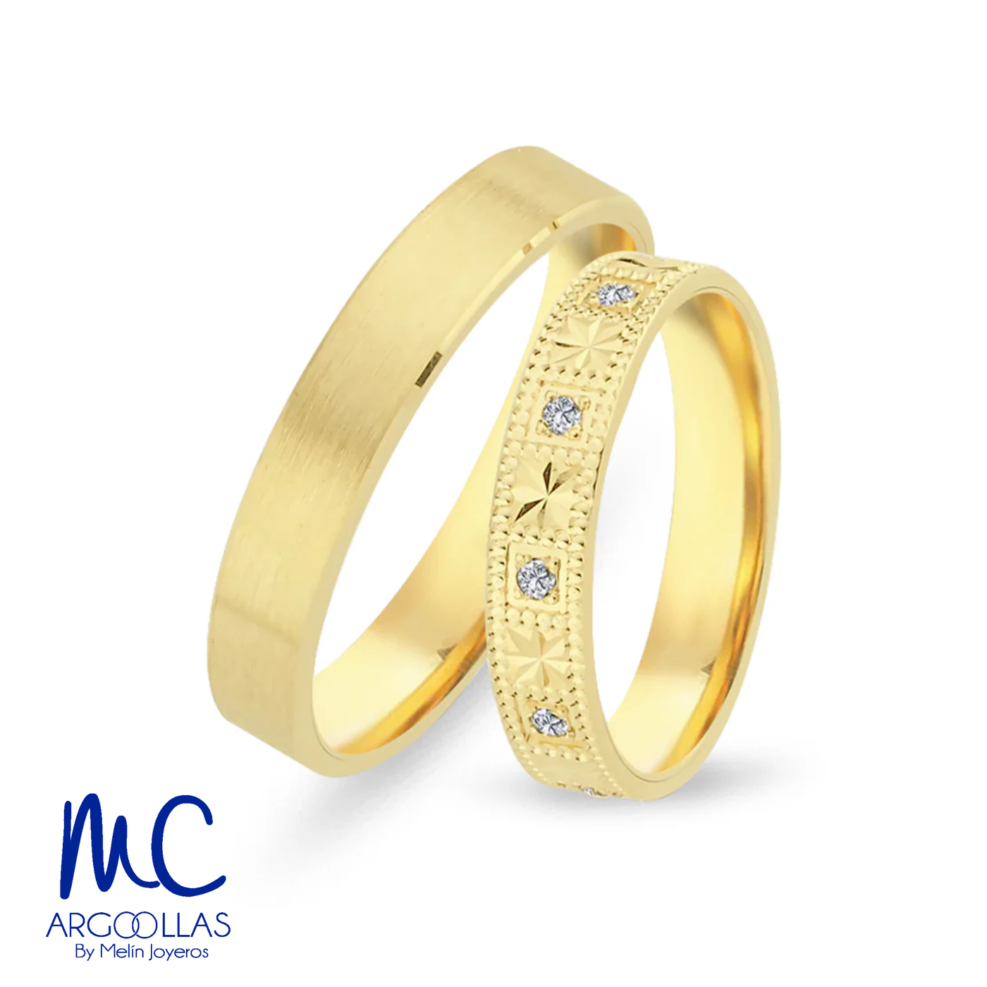 Set de argollas de matrimonio de oro amarillo 10k y 14k · con zirconia · modelo ARG-216 ARG-217