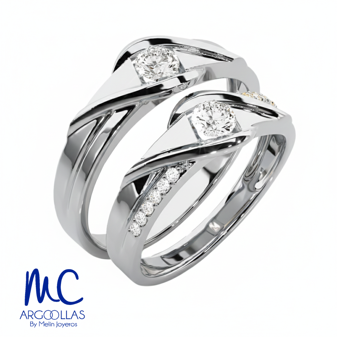 Set de argollas de matrimonio de oro blanco 10k y 14k · con zirconia · modelo F208806B F208896B
