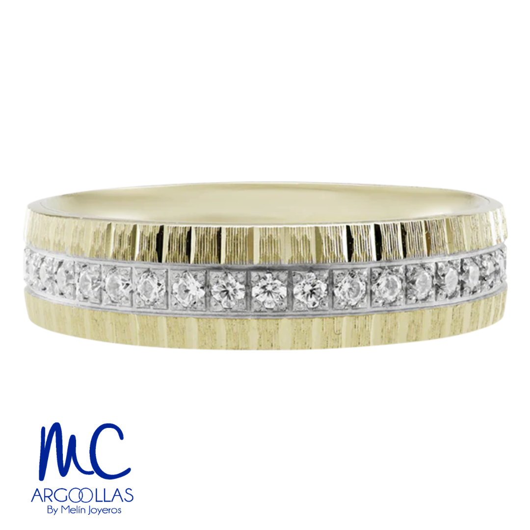 Argolla de matrimonio de oro combinado 10k y 14k · 5 mm · estilo recto · acabado labrado · modelo F202105