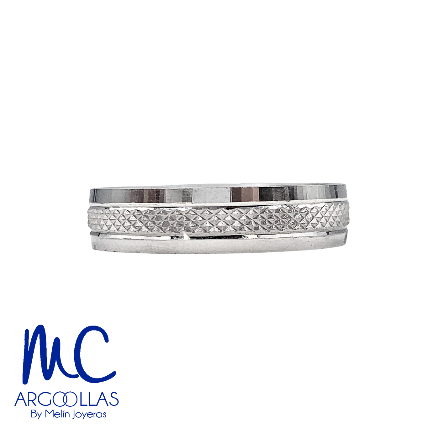 Argolla de matrimonio de oro blanco 10k · 5 mm · estilo recto · acabado labrado