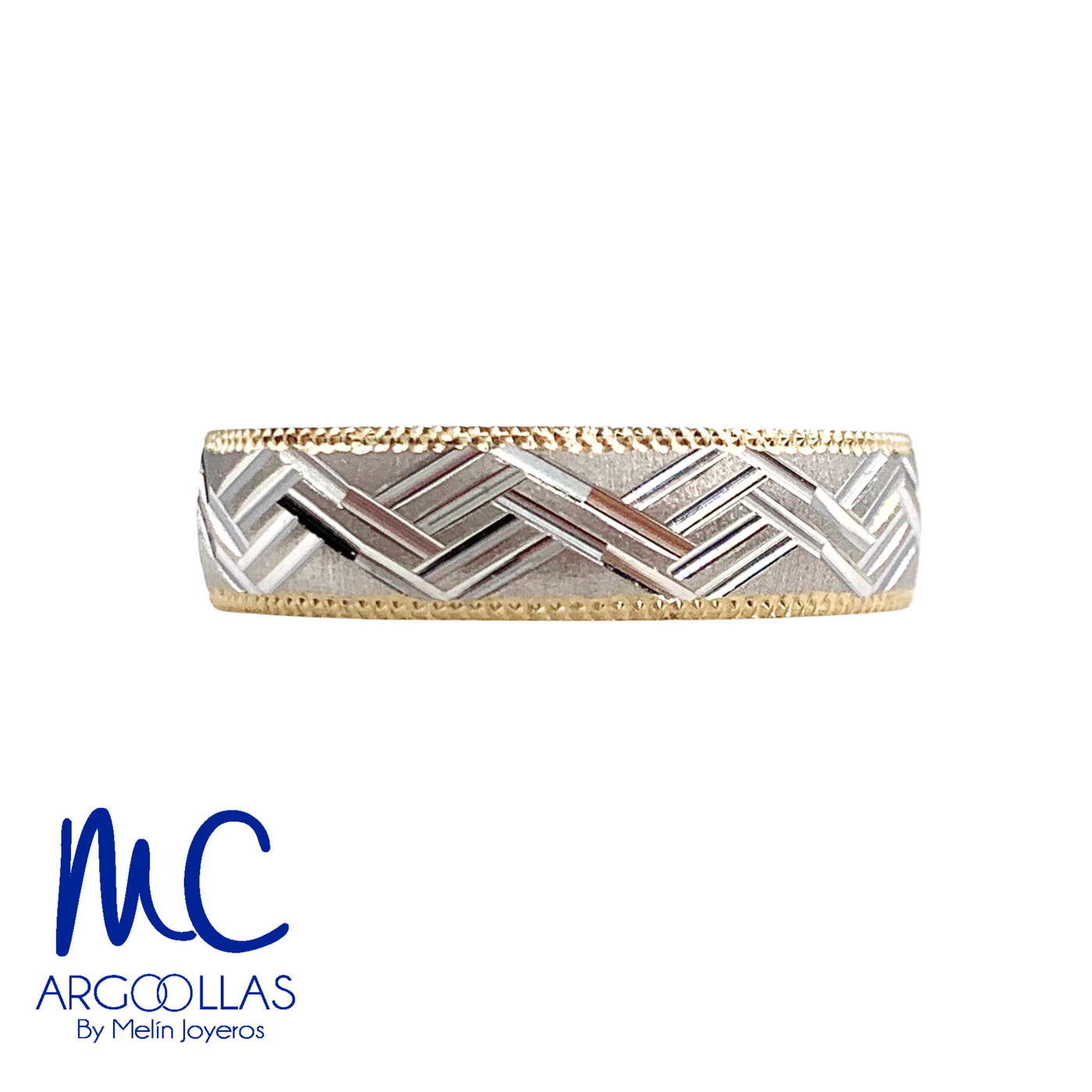 Argolla de matrimonio de oro combinado 10k y 14k · 6 mm · estilo recto · acabado baño color, grabado bajo relieve, mate