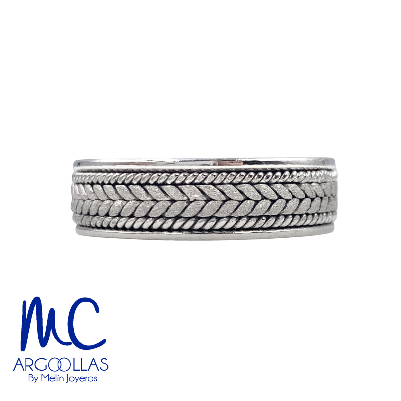Argolla de matrimonio de oro blanco 10k y 14k · 6 mm · estilo recto · acabado labrado · modelo AGJ391N