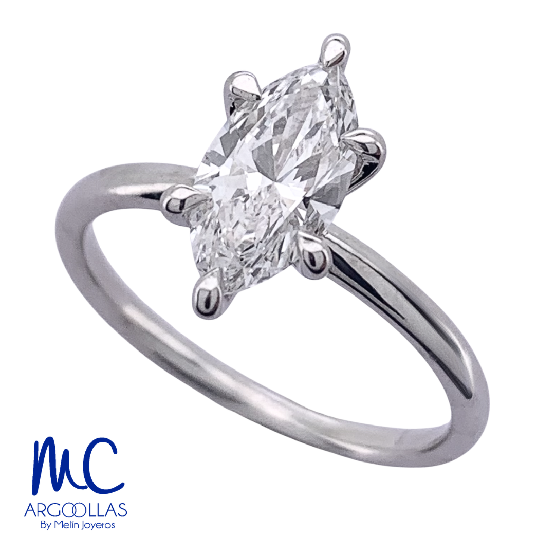 Anillo de compromiso de diamante de laboratorio 1.0 ct · corte marquesa · color E · claridad VVS2 · oro blanco 14k
