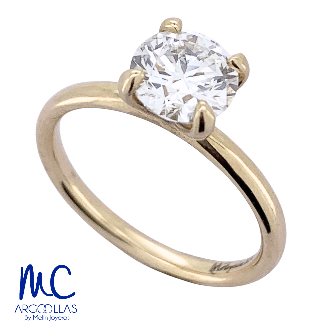 Anillo de compromiso de diamante de laboratorio 1.26 ct · corte redondo brillante · color E · claridad VVS2 · oro amarillo 14k