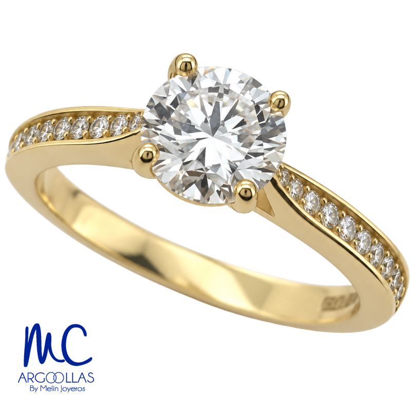 Anillo de compromiso de diamante de laboratorio 1.12 ct · corte redondo brillante · color E · claridad VVS2 · oro amarillo 14k