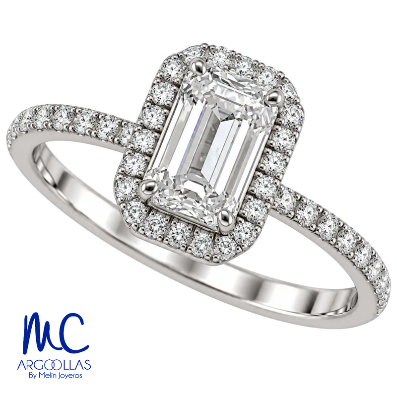 Anillo de compromiso de 1.00 ct · corte esmeralda · color E · claridad VS1 · oro blanco 14k