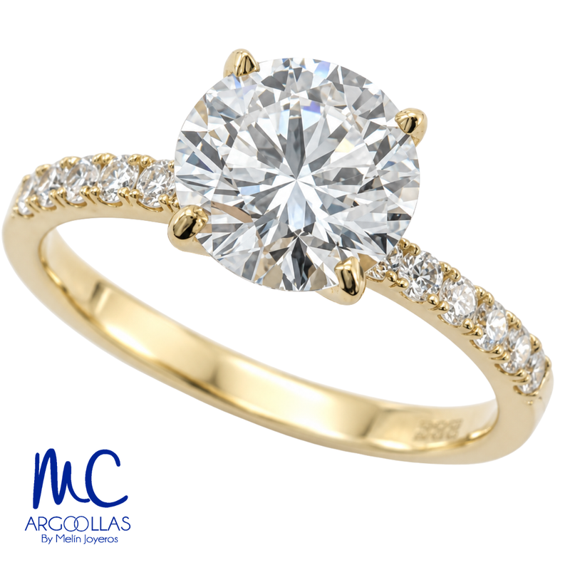 Anillo de compromiso de diamante de laboratorio 2.05 ct · corte redondo brillante · color E · claridad VVS2 · oro amarillo 14k