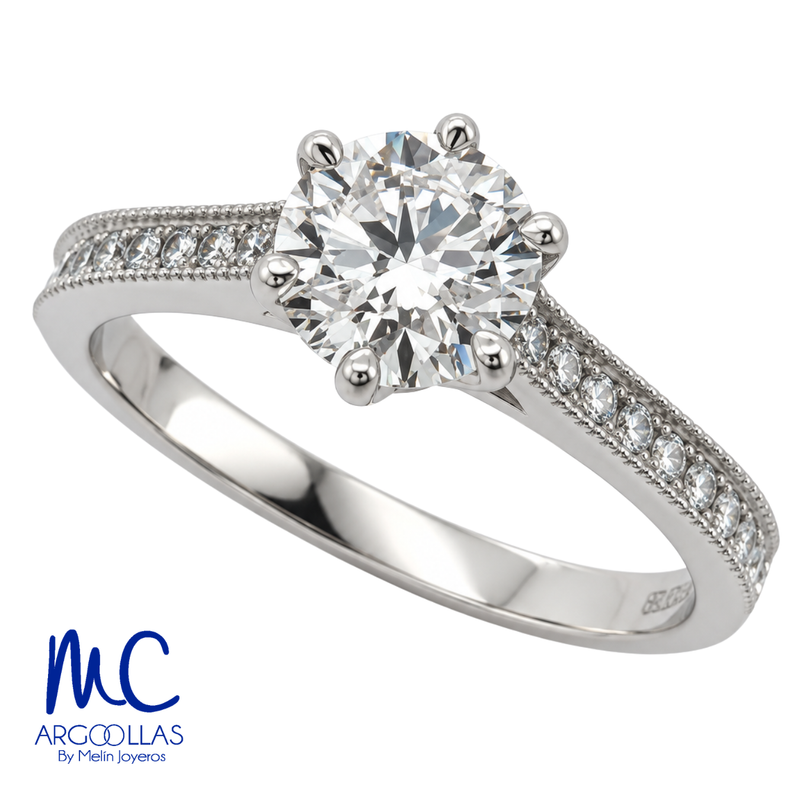 Anillo de compromiso de 1.12 ct · corte redondo brillante · color F · claridad VS1 · oro blanco 14k