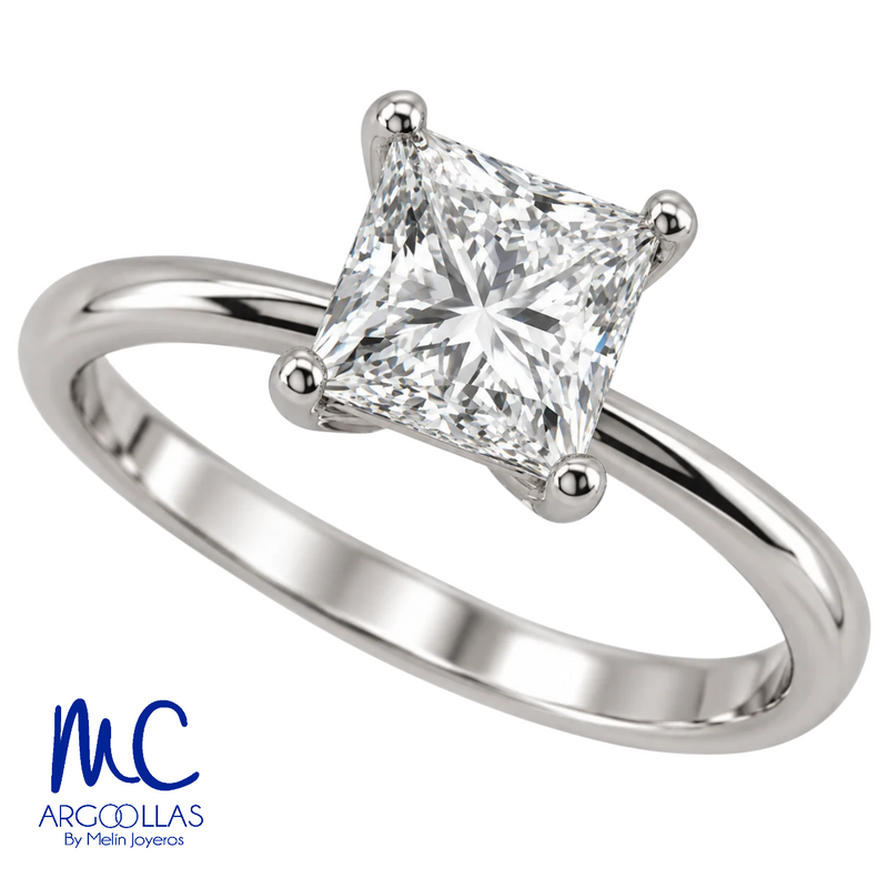 Anillo de compromiso de 1.51 ct · corte princesa · color E · claridad VVS2 · oro blanco 14k