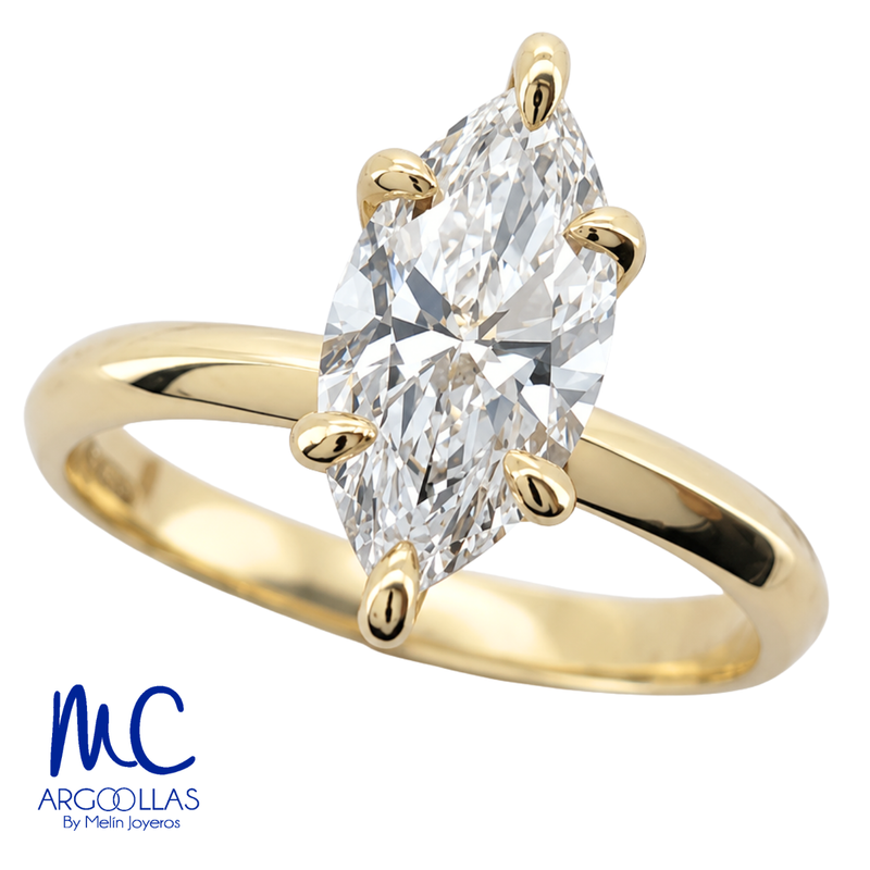 Anillo de compromiso de diamante de laboratorio 1.52 ct · corte marquesa brillante · color E · claridad VVS2 · oro amarillo 14k