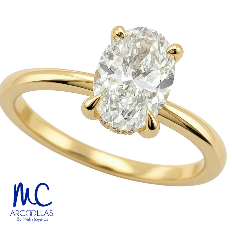 Anillo de compromiso de diamante de laboratorio 1.56 ct · corte oval brillante · color E · claridad VVS2 · oro amarillo 14k