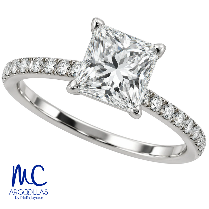 Anillo de compromiso de 1.28 ct · corte princesa · color F · claridad VS2 · oro blanco 14k