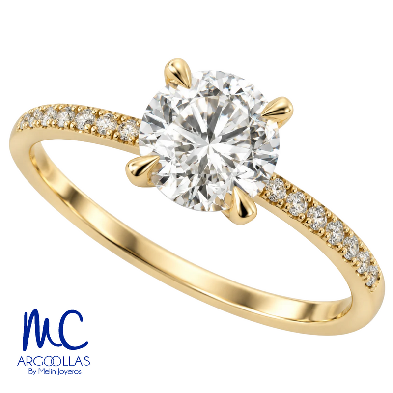 Anillo de compromiso de diamante de laboratorio 1.04 ct · corte redondo brillante · color F · claridad VVS2 · oro amarillo 14k