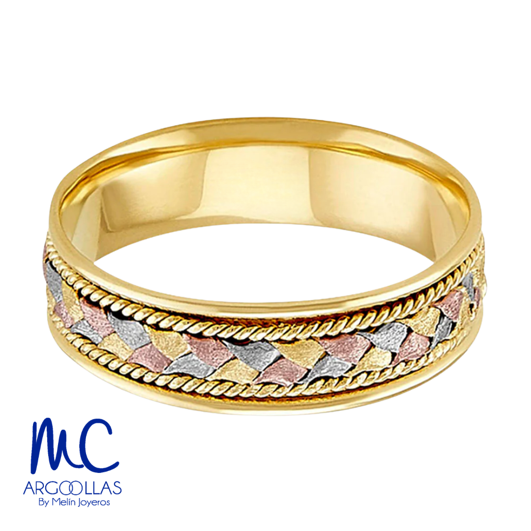 Argolla de matrimonio de oro amarillo 10k y 14k · 6 mm · estilo recto · acabado labrado · modelo AGJ312N